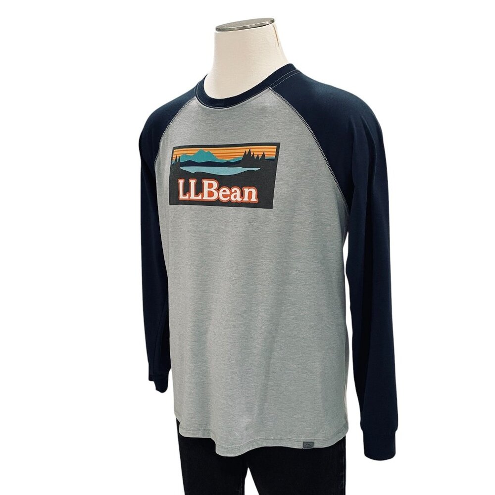 L.L.Bean Mens Long Sleeve Raglan Tee Slightly Fitted L Gray & Navy Cotton Blend - Picture 5 of 8
